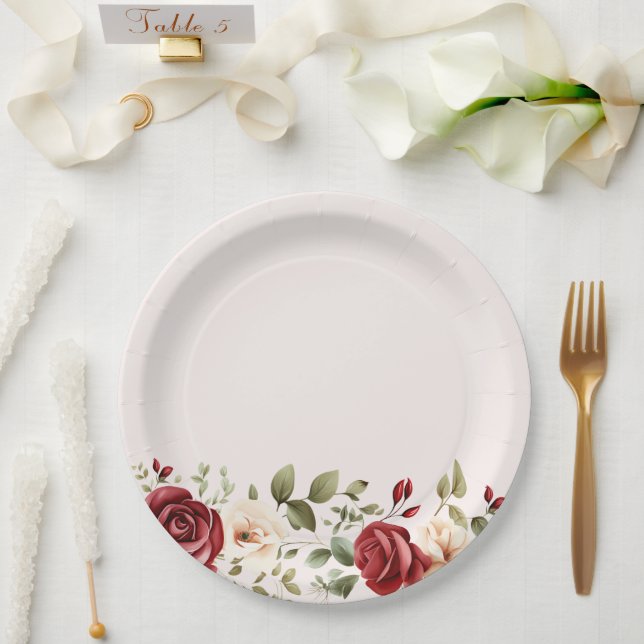 Romantic Red Blush Pink Roses Wedding Paper Plate (Wedding)
