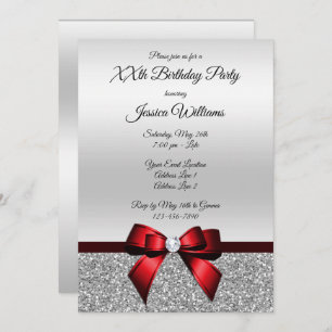 Romantic Red Bow & Silver Glitter Birthday Invitation