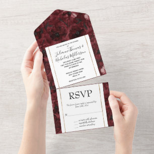 Romantic Red Burgundy Floral Wedding All In One Invitation