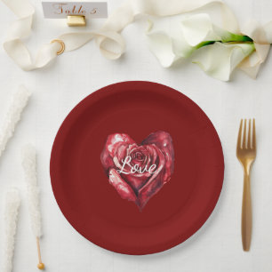 Romantic Red Burgundy Rose Floral Heart Wedding Paper Plate