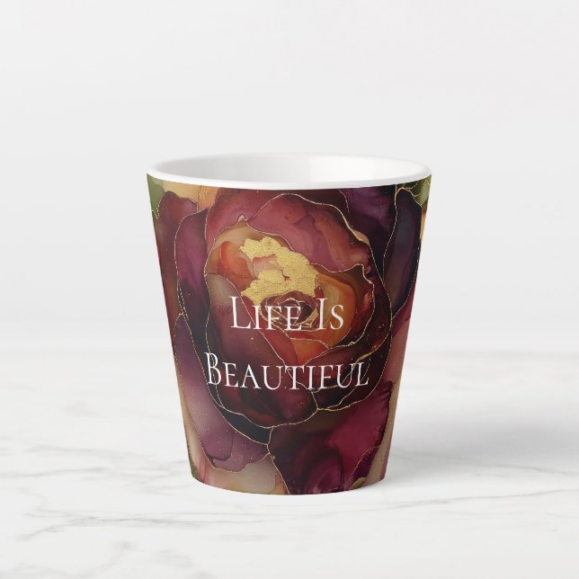 Romantic Red Burgundy Rose Gold Floral  Latte Mug (Front)