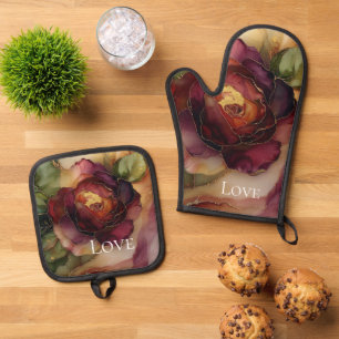 Romantic Red Burgundy Rose Gold Floral Oven Mitt & Pot Holder Set