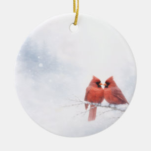 Romantic Red Cardinals Winter Watercolor Greeting Ceramic Tree Decoration