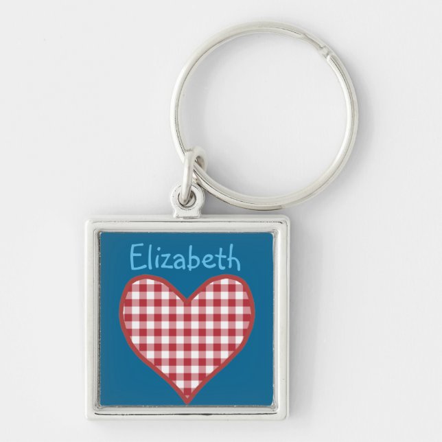 Romantic Red Check Gingham Heart Custom Keychain (Front)