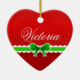 Romantic Red Christmas Design Cute Bow Custom Name Ceramic Tree Decoration