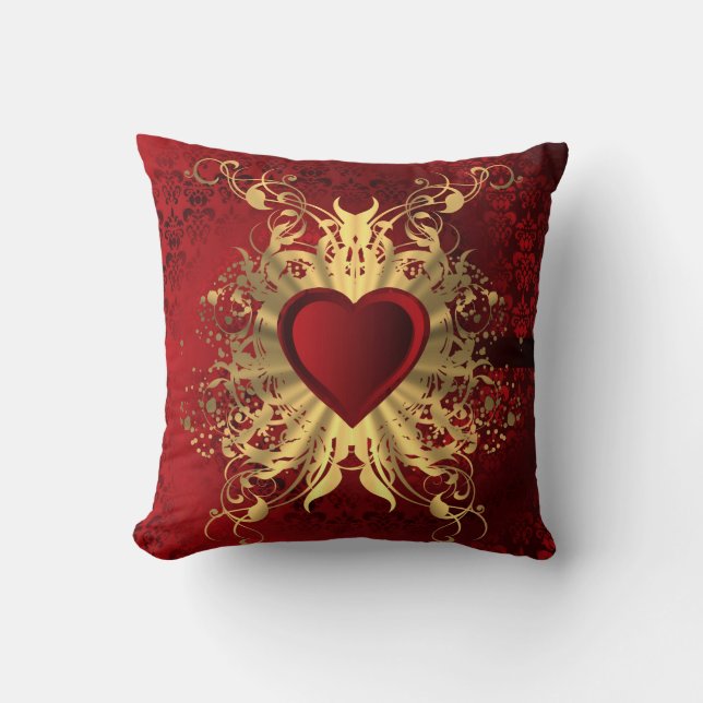 Romantic red damask and valentines heart cushion (Front)