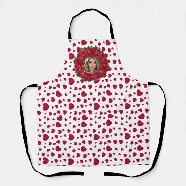 Romantic Red Dark Pink Roses Photo Border Apron (Front)