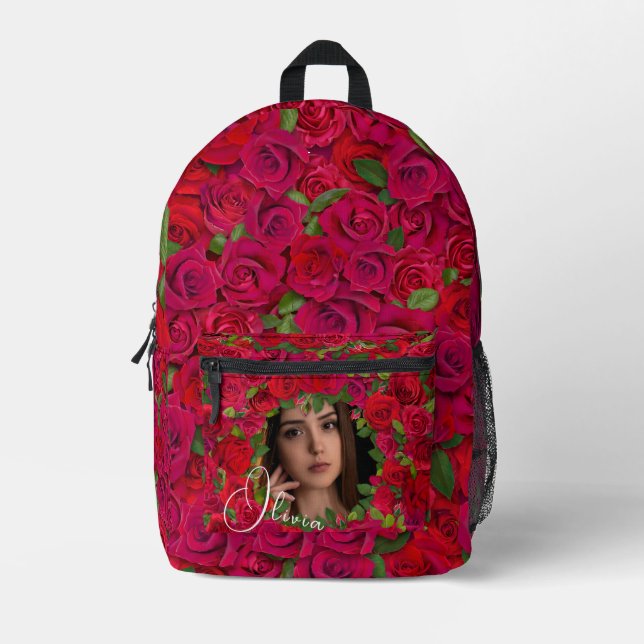 Romantic Red Dark Pink Roses Photo Border Printed Backpack (Front)