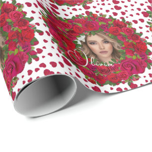 Romantic Red Dark Pink Roses Photo Border Wrapping Paper