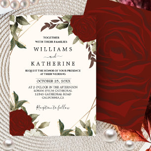 Romantic red Deep colour rose Floral Winter weddin Invitation