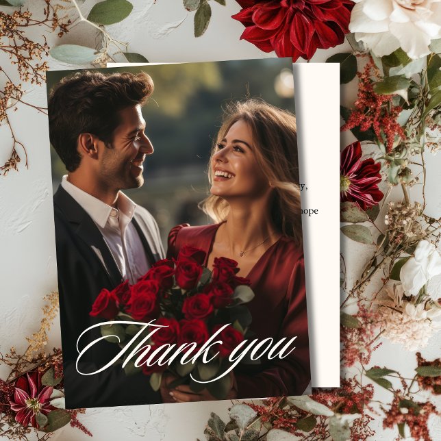 Romantic red Deep rose Floral winter photo wedding Thank You Card (Creator Uploaded)