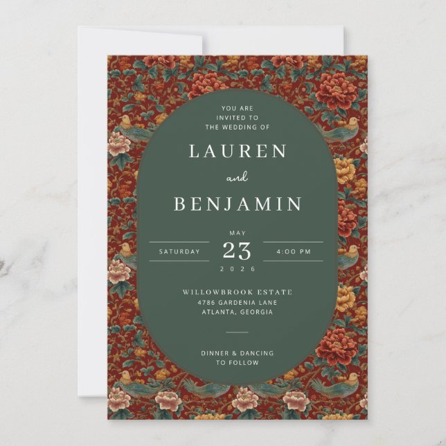 Romantic Red Floral Bird Border Invitation (Front)