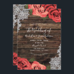 Romantic Red Floral Roses Rustic Wood Lace Wedding Invitation<br><div class="desc">Customise any way you want.</div>