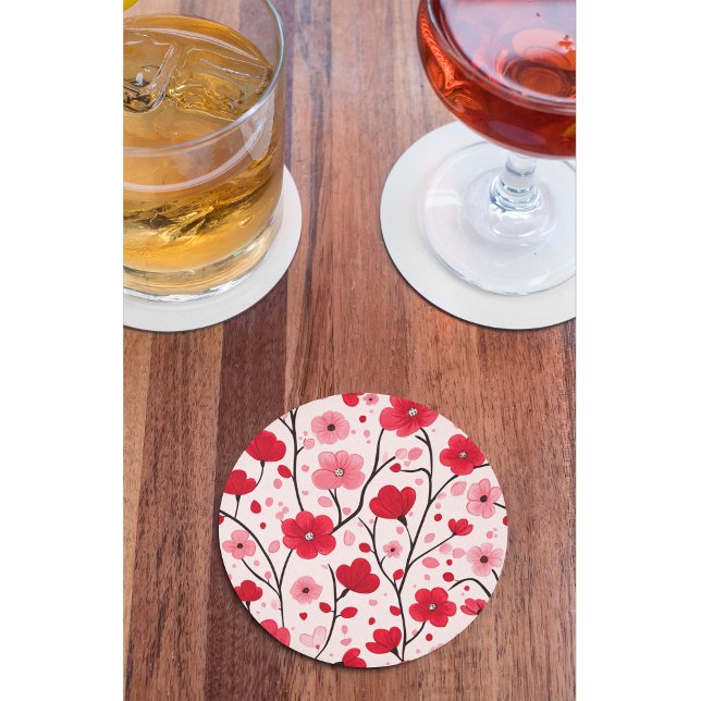 Romantic Red Floral Round Paper Coaster (Creator Uploaded)