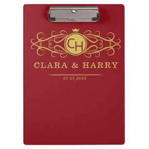 Romantic red gold elegant monogramme wedding  clipboard