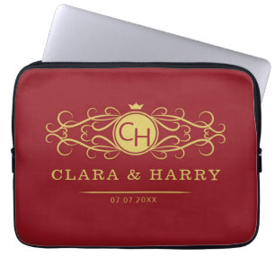Romantic red gold elegant monogramme wedding laptop sleeve