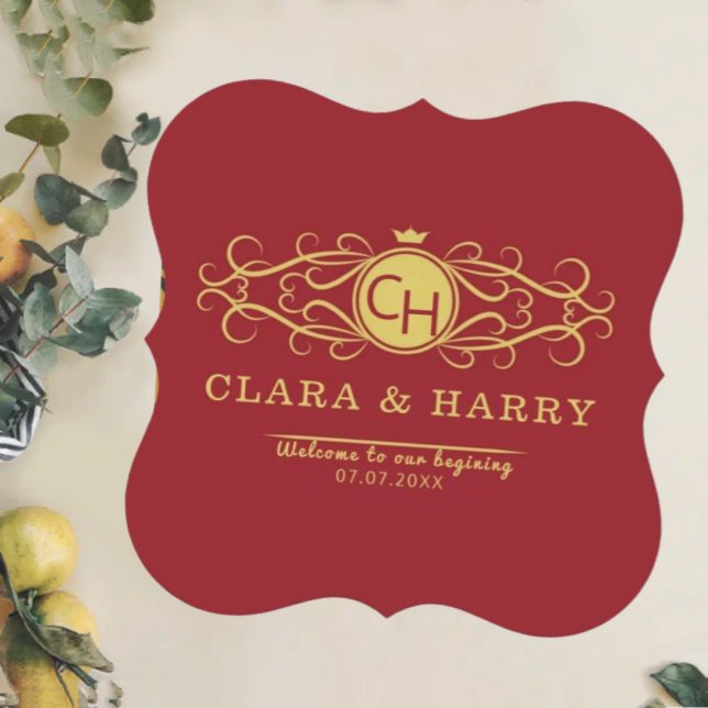 Romantic red gold elegant monogramme wedding  paper coaster (Creator Uploaded)