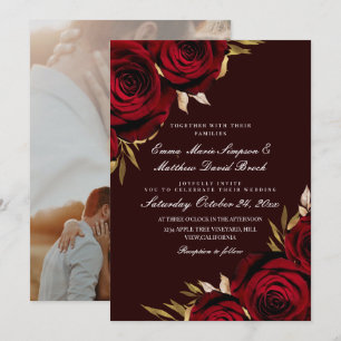 Romantic Red & Gold Rose Floral  Wedding Invitation