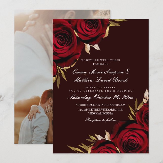 Romantic Red & Gold Rose Floral  Wedding Invitation (Front/Back)