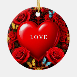 Romantic Red Heart Framed by Roses and Butterflies Ceramic Tree Decoration