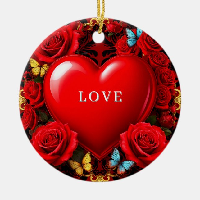 Romantic Red Heart Framed by Roses and Butterflies Ceramic Tree Decoration (Front)