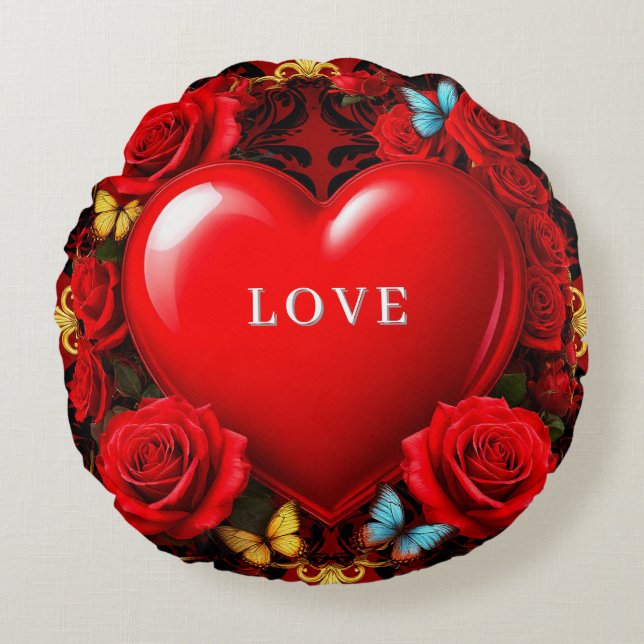 Romantic Red Heart Framed by Roses and Butterflies Round Cushion (Front)