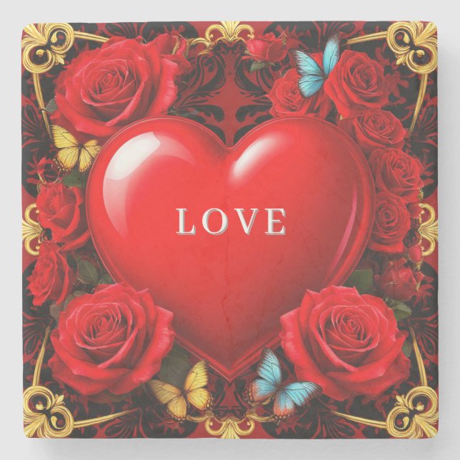 Romantic Red Heart Framed by Roses and Butterflies Stone Coaster (Front)