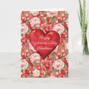 Romantic Red Heart Pink Floral Valentine's Day Card