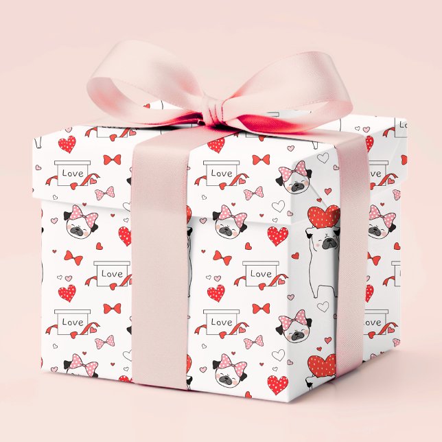 Romantic Red Heart Pug Love | Valentine's Day Wrapping Paper (Creator Uploaded)