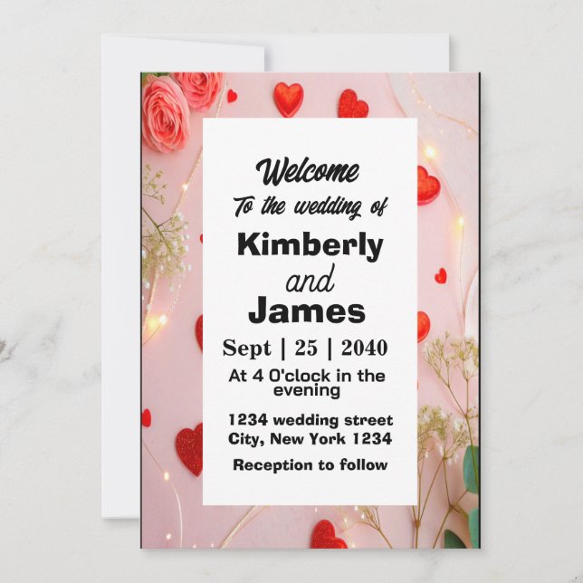 Romantic Red Heart & Rose Wedding Invitation (Front)