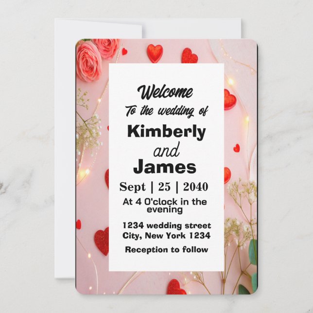 Romantic Red Heart & Rose Wedding Invitation (Front)