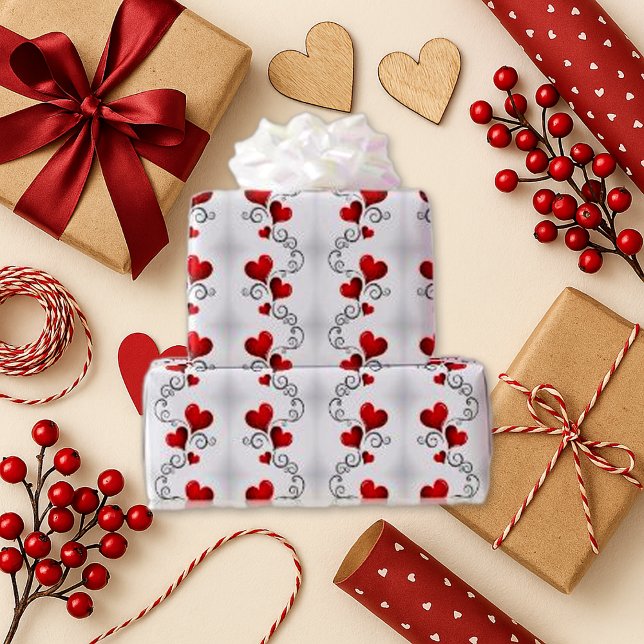 Romantic Red Heart Swirl White Wrapping Paper (Creator Uploaded)