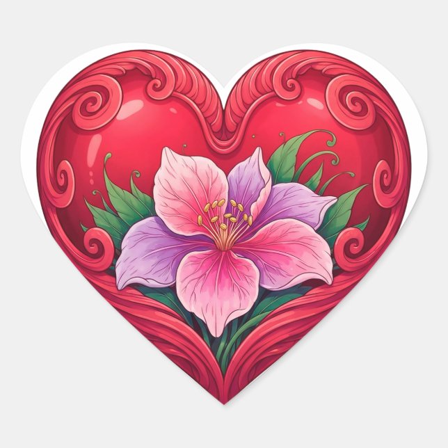Romantic Red Heart With Floral Center Sticker (Front)