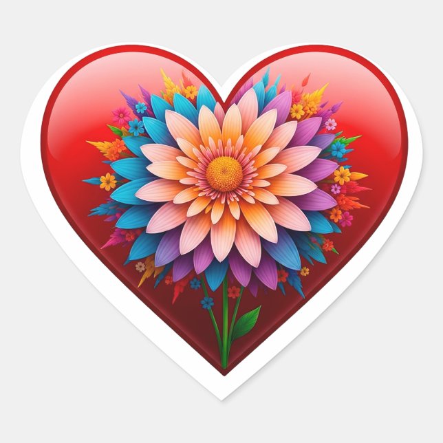 Romantic Red Heart With Floral Centre Sticker (Front)