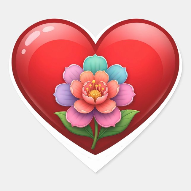 Romantic Red Heart With Floral Centre Sticker (Front)
