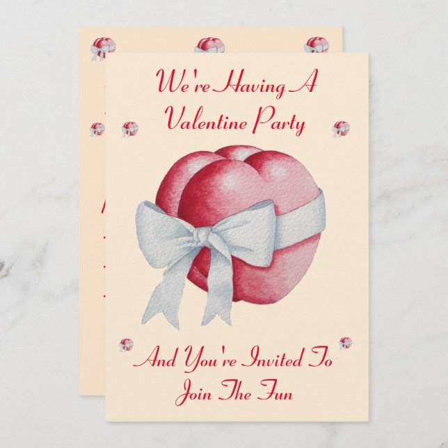 Romantic red heart with white bow valentine party invitation (Front/Back)