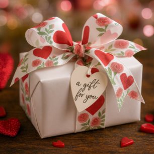 Romantic Red Hearts Pink Roses Satin Ribbon