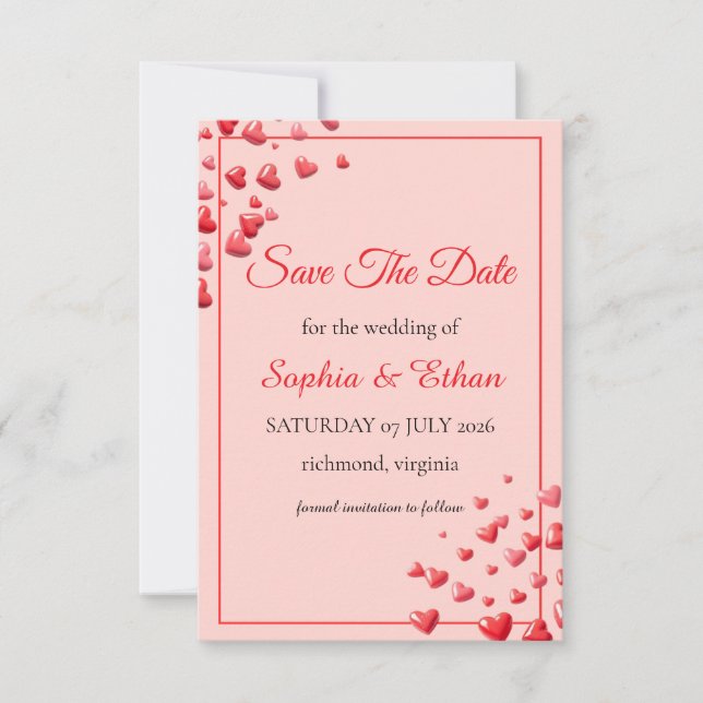Romantic Red Hearts Save the Date Card (Front)