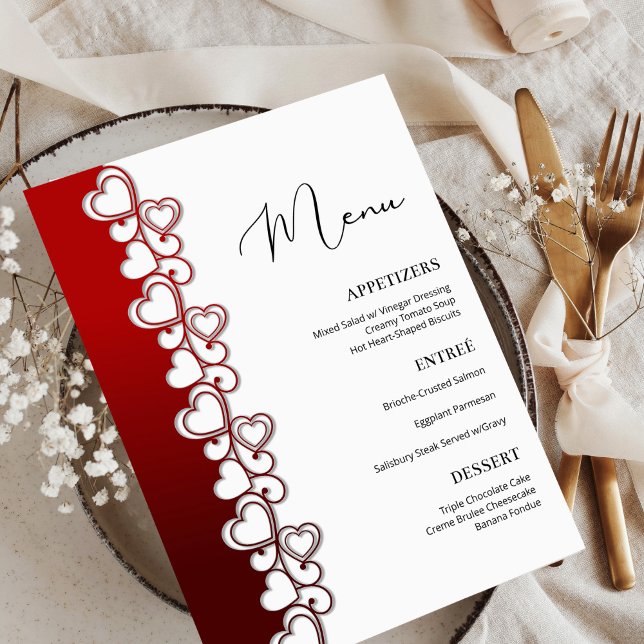 Romantic Red Hearts Swirls Valentine's Day Holiday Menu (Creator Uploaded)