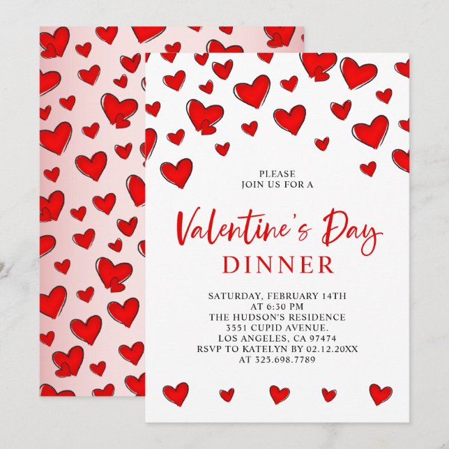 Romantic Red Hearts Valentine's Day Dinner Invitation (Front/Back)