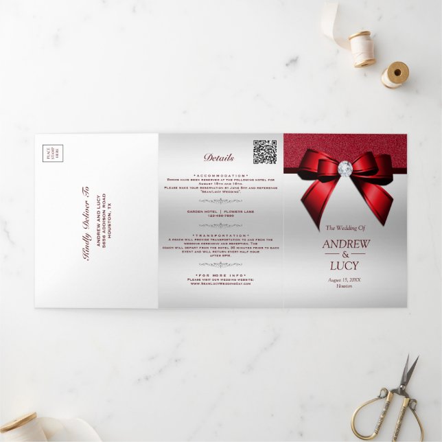 Romantic Red Jewel Gem Bow QR Code Wedding Tri-Fold Invitation (Outside)