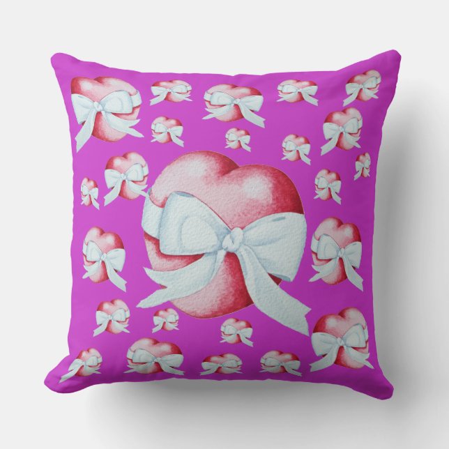 romantic red love heart and white bow cushion (Front)