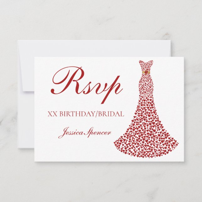 Romantic Red Love Heart Dress Bridal Birthday RSVP Card (Front)