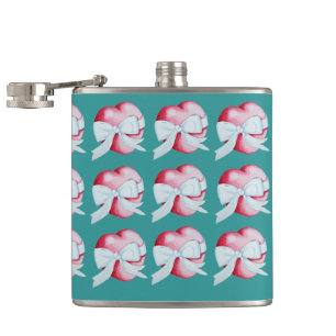 romantic red love heart white bow original design hip flask