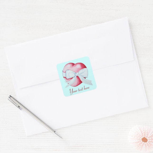 romantic red love heart with white ribbon bow square sticker (Envelope)