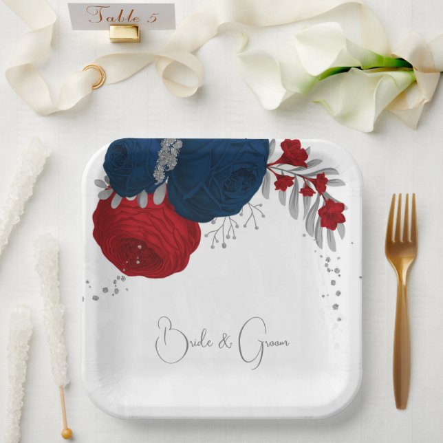 romantic red & navy flowers silver botanical paper plate (Wedding)