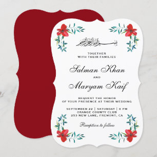 Romantic Red Painted Flowers Muslim Wedding Invitation