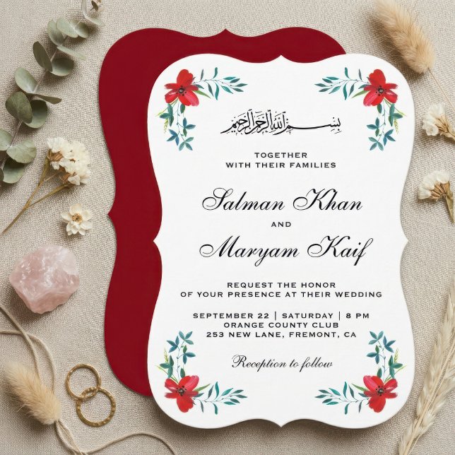 Romantic Red Painted Flowers Muslim Wedding Invitation (Creator Uploaded)