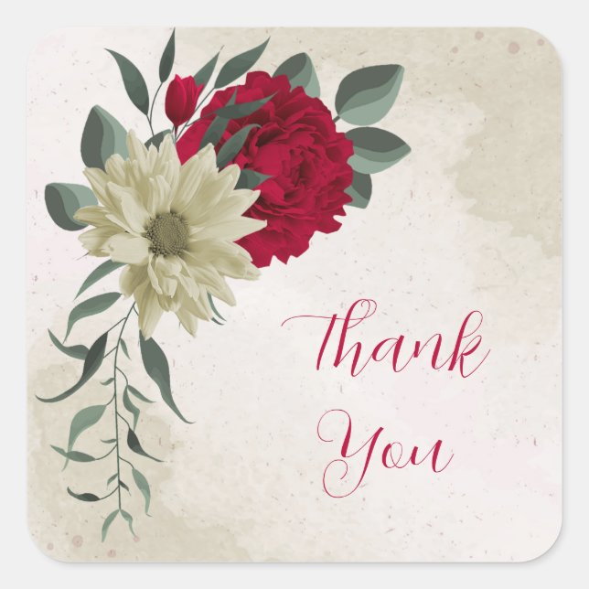 romantic red & pale yellow flowers square sticker (Front)