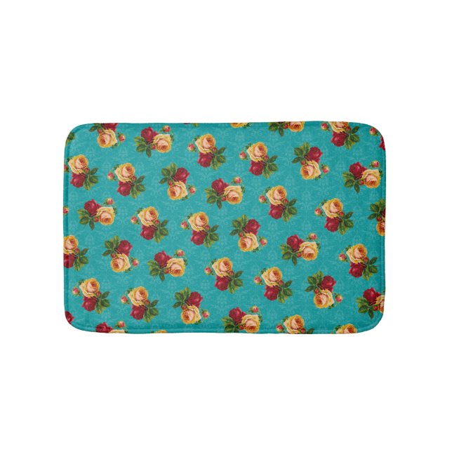 Romantic Red Peach Rose Pattern Teal Damask Bath Mat (Front)